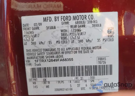 2009 Ford F-150 Stx/Xl/Xlt z USA, uszkodzony, nr VIN 1FTRX12849FA68355